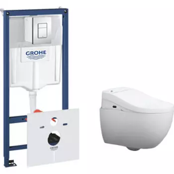 Комплект унитаза Am.Pm Awe с инсталляцией Grohe, клавиша хром, крышка-биде микролифт (C111738WH, CCC7851WH, 38775001)