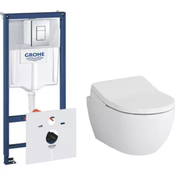 Комплект унитаза Am.Pm Awe с инсталляцией Grohe, клавиша хром, крышка-биде микролифт (C111700WH, CCC7853WH, 38775001)