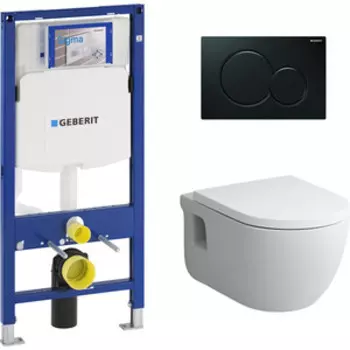 Комплект унитаза Am.Pm Like FlashClean с инсталляцией Geberit, черная клавиша, сиденье микролифт (C801701SC, 111.300.00.5, 115.770.DW.5)