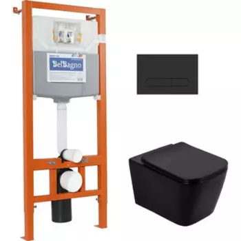 Комплект унитаза BelBagno Ardente-C с инсталляцией, с черной кнопкой, сиденье микролифт, черный матовый