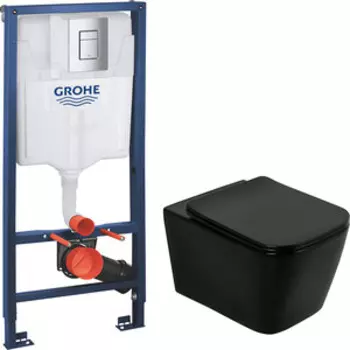 Комплект унитаза BelBagno Ardente-C с инсталляцией Grohe, с кнопкой хром, сиденье микролифт, черный матовый