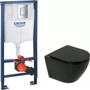 Комплект унитаза BelBagno Colorato с инсталляцией Grohe, с кнопкой хром, сиденье микролифт, черный матовый