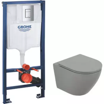 Комплект унитаза BelBagno Colorato с инсталляцией Grohe, с кнопкой хром, сиденье микролифт, серый матовый