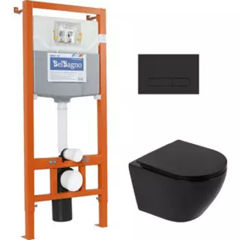 Комплект унитаза BelBagno Colorato с инсталляцией, с черной кнопкой, сиденье микролифт, черный матовый