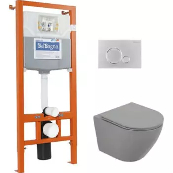 Комплект унитаза BelBagno Colorato с инсталляцией, с кнопкой хром, сиденье микролифт, серый матовый