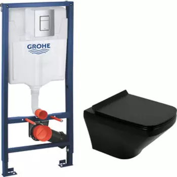 Комплект унитаза BelBagno Sela с инсталляцией Grohe, с кнопкой хром, сиденье микролифт, черный матовый