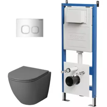 Комплект унитаза Grossman сиденье микролифт, инсталляция, клавиша хром глянцевая, серый матовый (97.4455GMS.02.100)