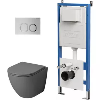 Комплект унитаза Grossman сиденье микролифт, инсталляция, клавиша хром матовая, серый матовый (97.4455GMS.02.110)