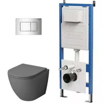 Комплект унитаза Grossman сиденье микролифт, инсталляция, клавиша хром глянцевая, серый матовый (97.4455GMS.04.10M)