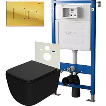 Комплект унитаза Point Меркурий с инсталляцией, клавишей Афина золото, сиденье-микролифт, черный матовый (PN48044G)