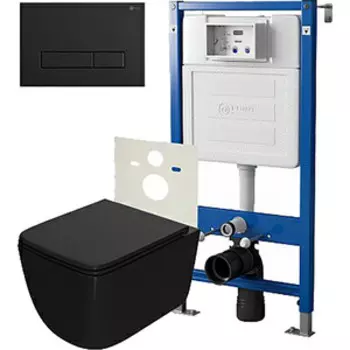 Комплект унитаза Point Меркурий с инсталляцией, клавишей Меркурий черная матовая, сиденье-микролифт, черный матовый (PN48039BM)