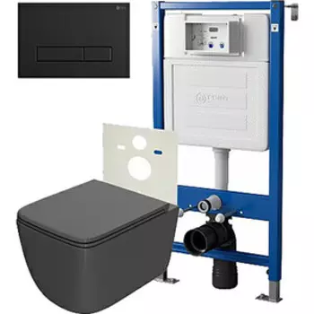 Комплект унитаза Point Меркурий с инсталляцией, клавишей Меркурий черная матовая, сиденье-микролифт, графит (PN48023BM)