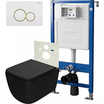 Комплект унитаза Point Меркурий с инсталляцией, клавишей Виктория белая/золото, сиденье-микролифт, черный матовый (PN48036WG)