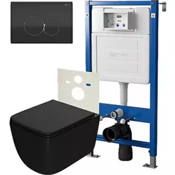 Комплект унитаза Point Меркурий с инсталляцией, клавишей Виктория черная/хром, сиденье-микролифт, черный матовый (PN48034BC)