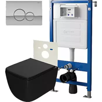 Комплект унитаза Point Меркурий с инсталляцией, клавишей Виктория хром, сиденье-микролифт, черный матовый (PN48033C)