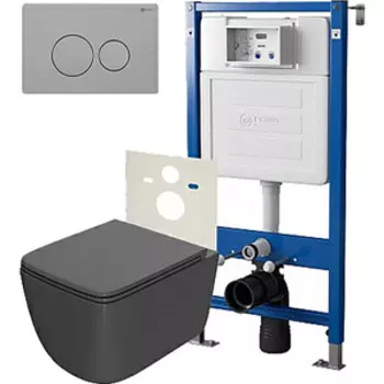 Комплект унитаза Point Меркурий с инсталляцией, клавишей Виктория сталь брашированная, сиденье-микролифт, графит (PN48032SB)