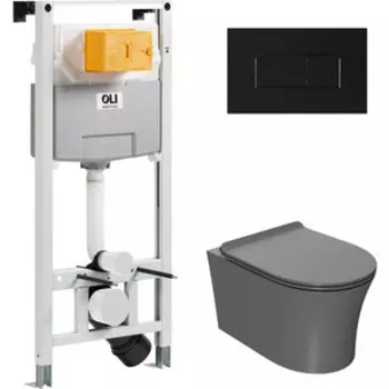Комплект унитаза Point Вега с инсталляцией OLI pneumatic, черной клавишей Karisma, сиденье-микролифт, серый матовый (879235pKA03+PN41711GM)