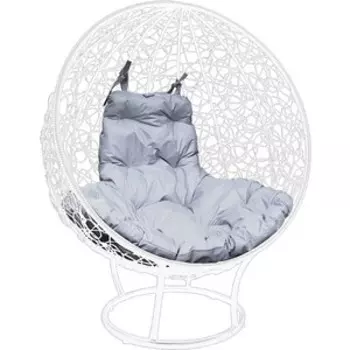 Кресло Планета про Круг на подставке с ротангом белое, серая подушка (11080109)