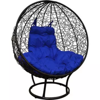 Кресло Планета про Круг на подставке с ротангом черное, синяя подушка (11080410)