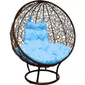 Кресло Планета про Круг на подставке с ротангом коричневое, голубая подушка (11080203)