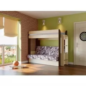 Кровать - чердак с диван - кроватью Олимп Немо вудлайн кремовый/венге/микровелюр Лас Вегас/поликоттон стеганый осн.