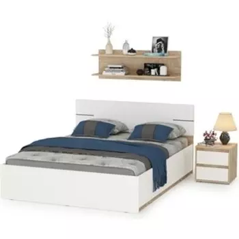 Кровать Моби Лея 11.32Н 160х200 с тумбой 13.288 и полкой 09.132 цвет дуб эндгрейн элегантный/миндаль/белая (1024543)