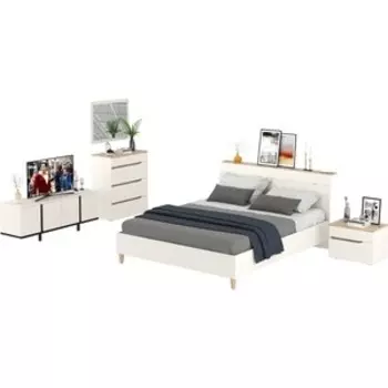 Кровать Моби Муссон 11.41 + ортопед + 16.03 + 13.97 + Зеркало СВК + Тумба ТВ 13.276, цвет белый/чёрный/дуб эндгрейн элегантный (1028278)