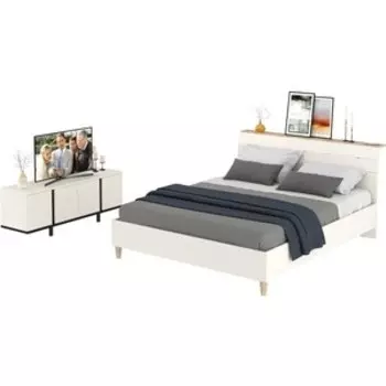 Кровать Моби Муссон 11.41 + ортопед + Тумба под ТВ Квадро 13.276, цвет белый/чёрный/дуб эндгрейн элегантный (1028298)