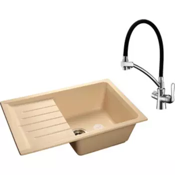 Кухонная мойка и смеситель GranFest Practik GF-P760L, Lemark Comfort LM3070C с сифоном, бежевая