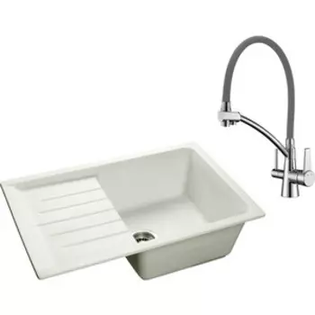 Кухонная мойка и смеситель GranFest Practik GF-P760L, Lemark Comfort LM3071C-Gray с сифоном, белая