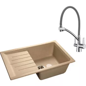 Кухонная мойка и смеситель GranFest Practik GF-P760L, Lemark Comfort LM3071C-Gray с сифоном, песочная