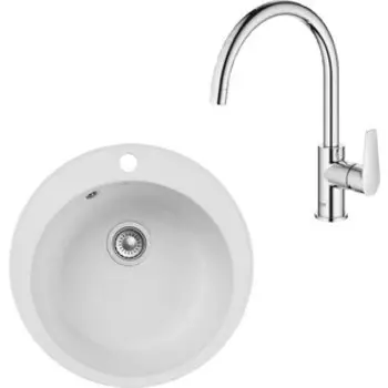 Кухонная мойка и смеситель GranFest Quarz GF-Z08, Grohe BauEdge 31367001 с сифоном, белая