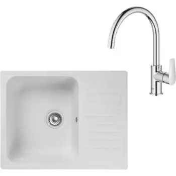 Кухонная мойка и смеситель GranFest Quarz GF-Z13, Grohe BauEdge 31367001 с сифоном, белая