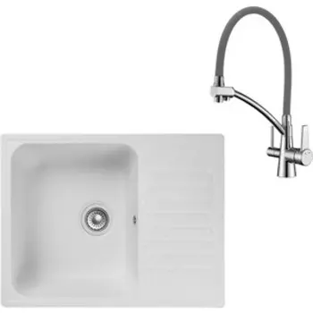 Кухонная мойка и смеситель GranFest Quarz GF-Z13, Lemark Comfort LM3071C-Gray с сифоном, белая