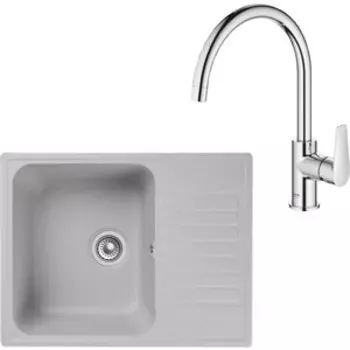 Кухонная мойка и смеситель GranFest Quarz GF-Z13, Grohe BauEdge 31367001 с сифоном, серая