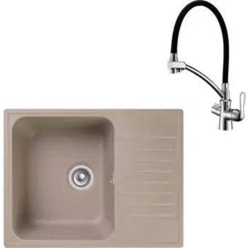 Кухонная мойка и смеситель GranFest Quarz GF-Z13, Lemark Comfort LM3070C с сифоном, песочная