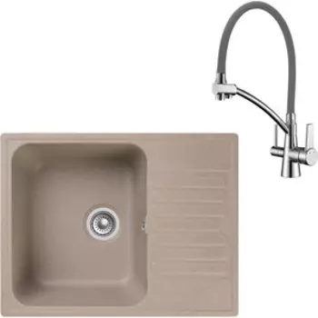 Кухонная мойка и смеситель GranFest Quarz GF-Z13, Lemark Comfort LM3071C-Gray с сифоном, песочная