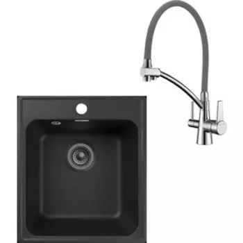 Кухонная мойка и смеситель GranFest Quarz GF-Z17, Lemark Comfort LM3071C-Gray с сифоном, черная