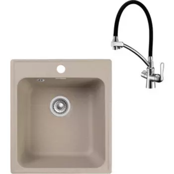 Кухонная мойка и смеситель GranFest Quarz GF-Z17, Lemark Comfort LM3070C с сифоном, песочная