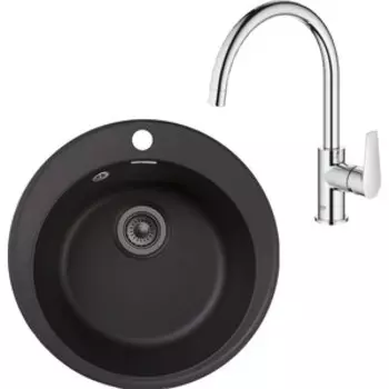 Кухонная мойка и смеситель GranFest Quarz GF-Z08, Grohe BauEdge 31367001 с сифоном, черная