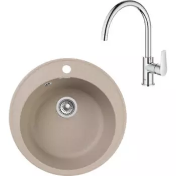 Кухонная мойка и смеситель GranFest Quarz GF-Z08, Grohe BauEdge 31367001 с сифоном, песочная