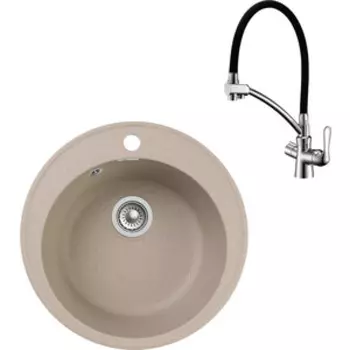 Кухонная мойка и смеситель GranFest Quarz GF-Z08, Lemark Comfort LM3070C с сифоном, песочная