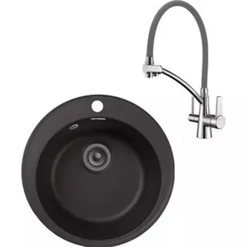 Кухонная мойка и смеситель GranFest Quarz GF-Z08, Lemark Comfort LM3071C-Gray с сифоном, черная