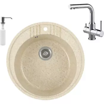 Кухонная мойка и смеситель GreenStone GRS-05s-328 Lemark Comfort LM3061C с сифоном и дозатором, бежевая