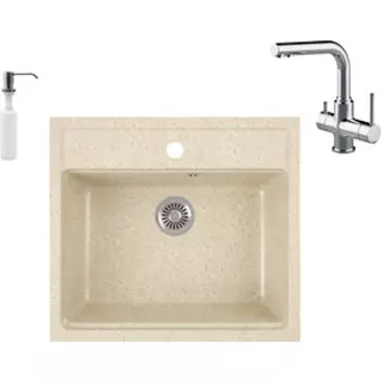 Кухонная мойка и смеситель GreenStone GRS-06-328 Lemark Comfort LM3061C с сифоном и дозатором, бежевая