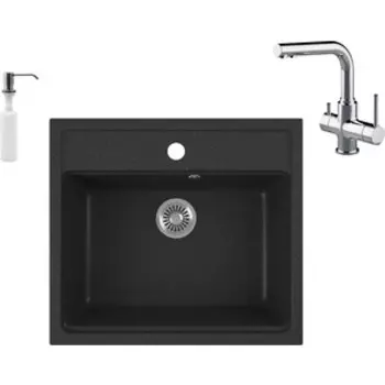 Кухонная мойка и смеситель GreenStone GRS-06-343 Lemark Comfort LM3061C с сифоном и дозатором, антрацит