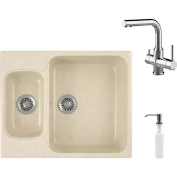 Кухонная мойка и смеситель GreenStone GRS-09-328 Lemark Comfort LM3061C с сифоном и дозатором, бежевая