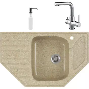 Кухонная мойка и смеситель GreenStone GRS-10-302 Lemark Comfort LM3061C с сифоном и дозатором, песочная