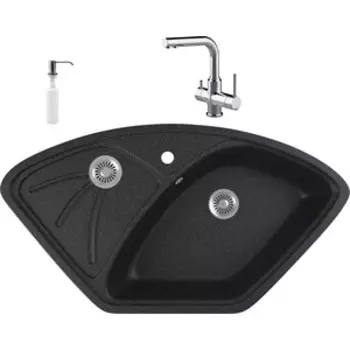 Кухонная мойка и смеситель GreenStone GRS-10E-308 Lemark Comfort LM3061C с сифоном и дозатором, черная