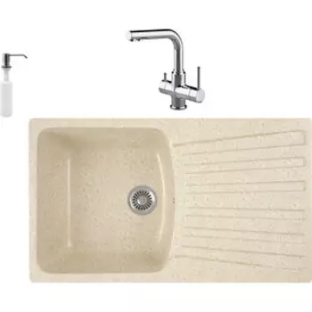 Кухонная мойка и смеситель GreenStone GRS-12-328 Lemark Comfort LM3061C с сифоном и дозатором, бежевая